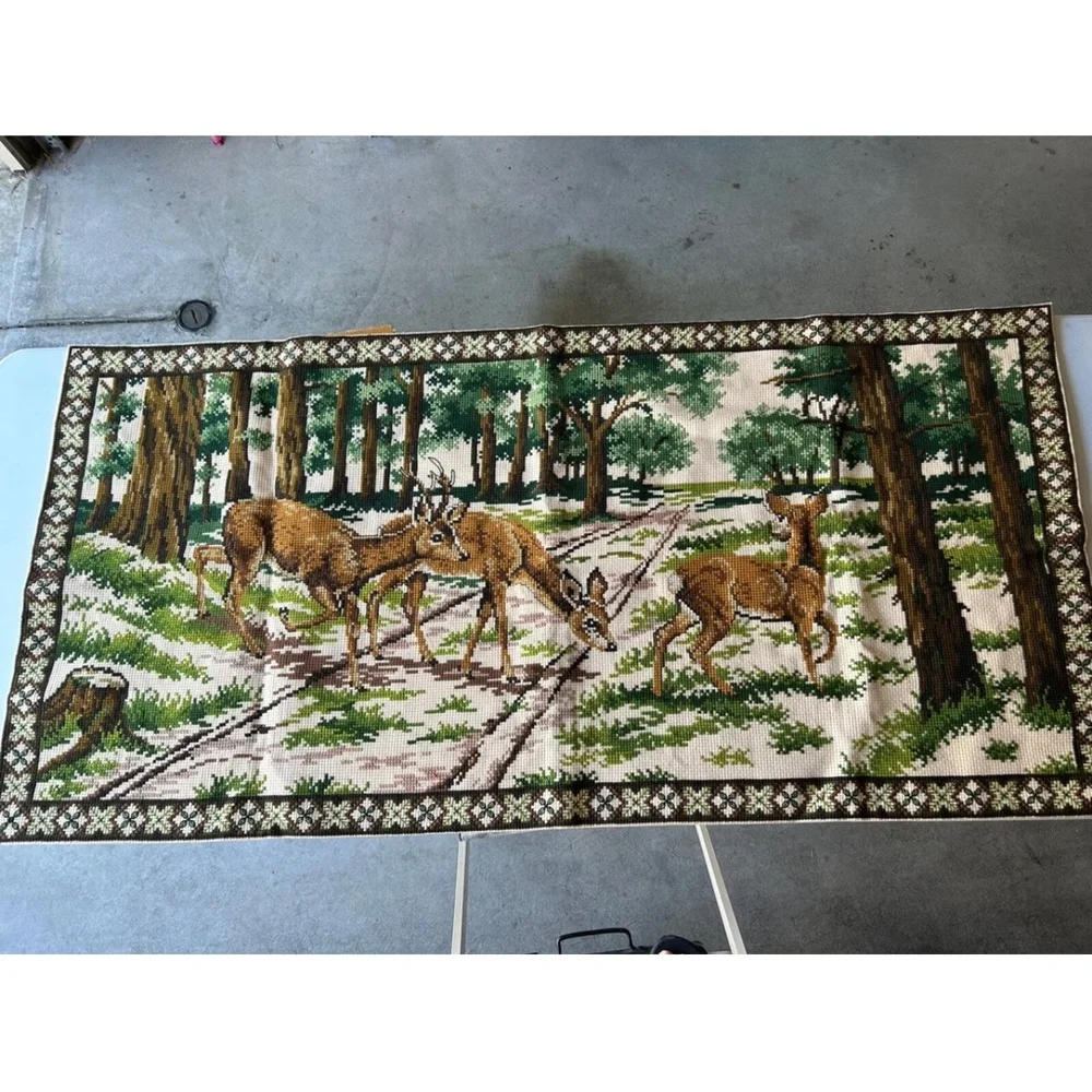Vintage Needlepoint Cross Stitch Needlework Wall Art. 29” x 60”. Cabinet Decor